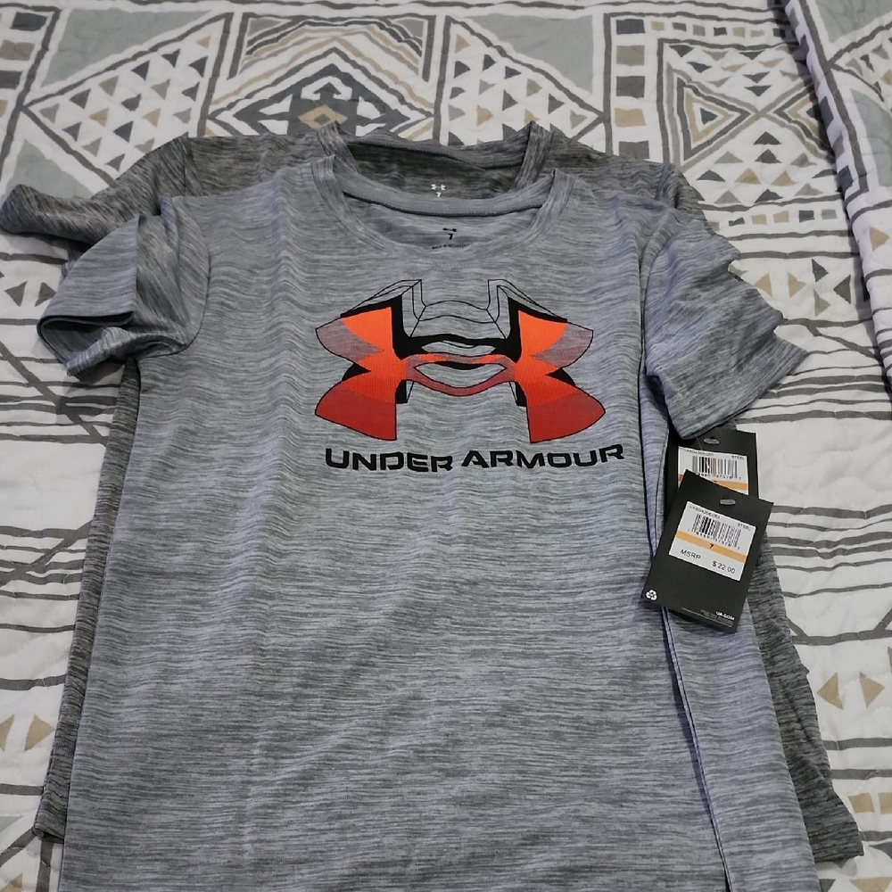 Under Armour Kids Heather Gray Tee with Red Logo